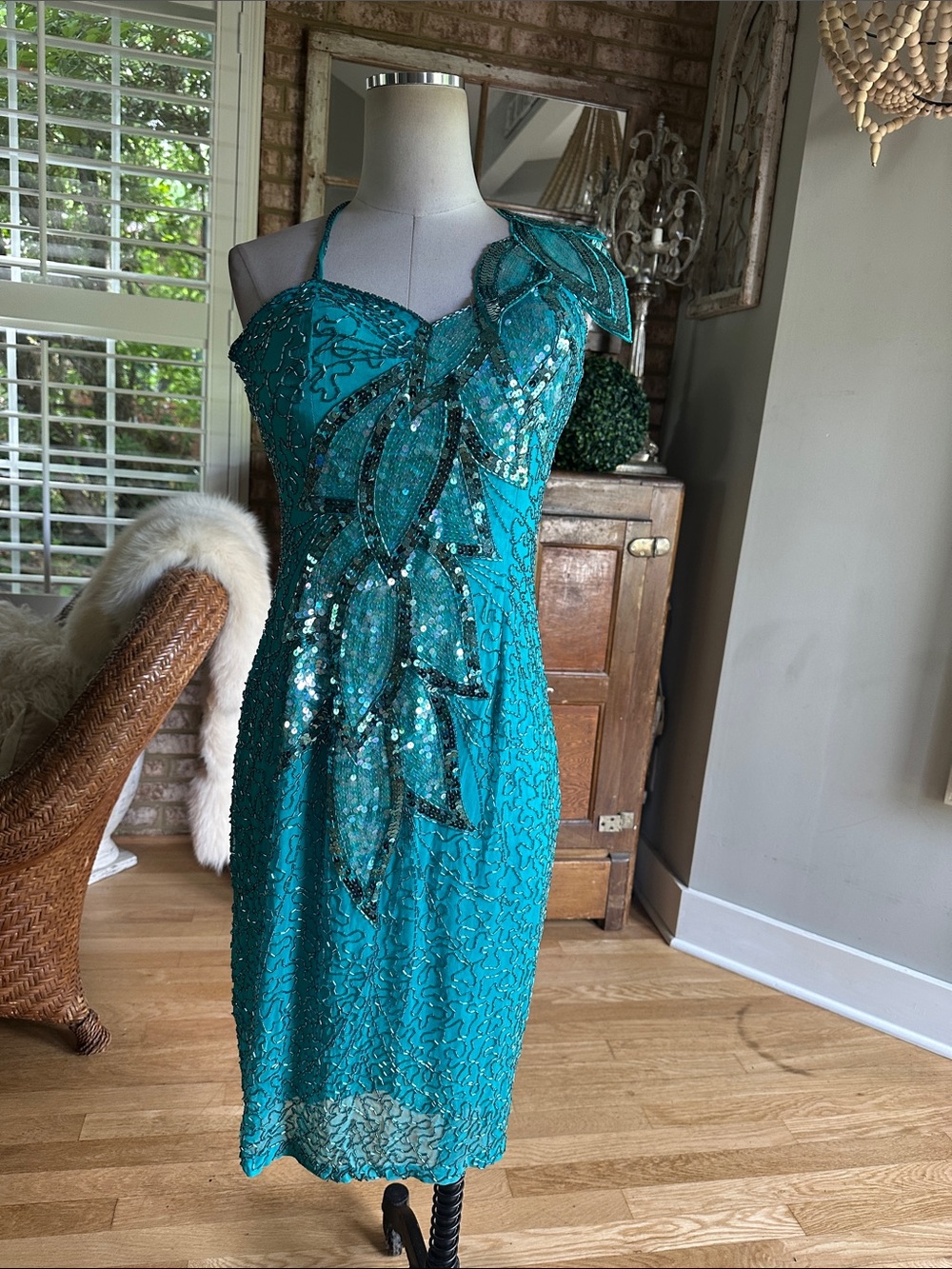 OLEG CASSINI BLACK TIE VINTAGE BEADED EVENING DRESS 10 SILK